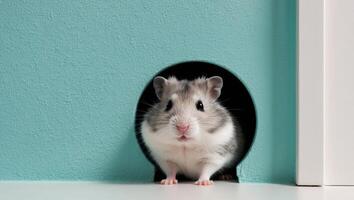 A hamster is peeking out of a hole in a wall photo