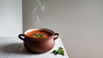 A pot of soup with a steaming bowl of soup on a table photo