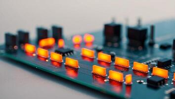 A close up of a circuit board with orange lights photo
