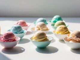 A row of colorful ice cream scoops in bowls photo