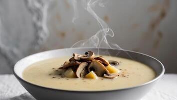 A bowl of soup with mushrooms and a steaming pot photo
