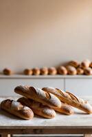 Breads on a table in a bakery photo