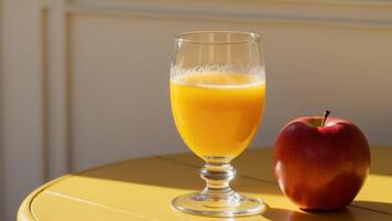 A glass of orange juice and an apple on a table photo
