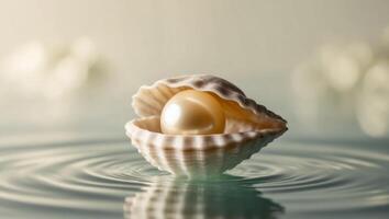 A pearl in a shell on top of water photo