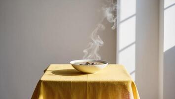A bowl of soup on a table with steam coming out of it photo