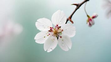 A white cherry blossom is shown in front of a blurred background photo