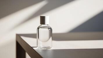 A small bottle of perfume sitting on a table photo
