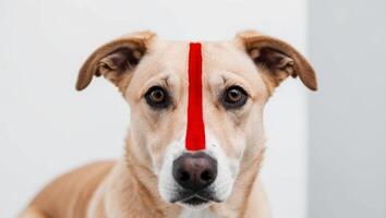 A dog with a red line on its forehead photo