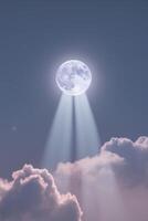 A full moon is seen in the sky with beams of light photo