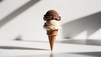 An ice cream cone with chocolate and vanilla ice cream photo