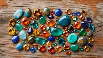 Colorful gems on wooden background photo