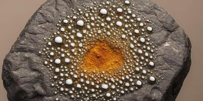 A rock with a white and orange substance on it photo