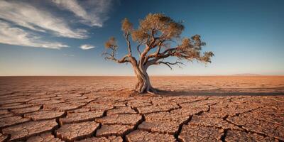 A dry tree in the middle of a dry desert photo