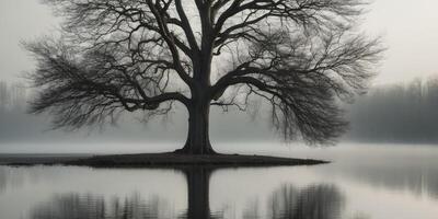 A tree is standing alone in the middle of a lake photo