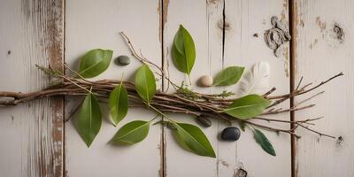 A branch with leaves and stones on a wooden background photo