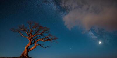 A lone tree stands in the middle of a field under a dark sky photo