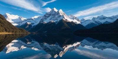 A mountain range is reflected in a lake photo