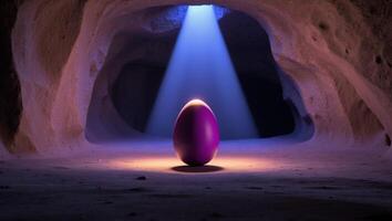 A purple egg is standing in a cave with light coming from it photo