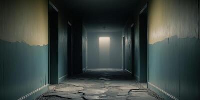 A long hallway with a light shining through it photo