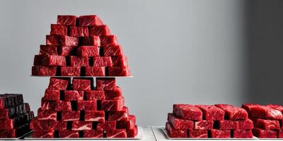 A stack of red meat cubes on top of each other photo