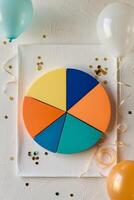 A colorful pie chart on a white surface with balloons photo