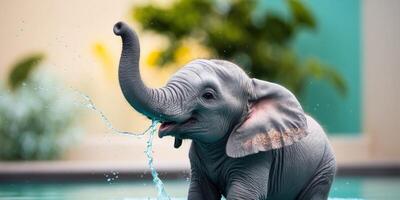 An elephant is splashing water on its trunk photo