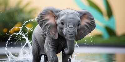 An elephant is splashing water on its trunk photo