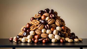 A pyramid of nuts on a table photo