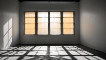 A room with a window and a light shining through it photo