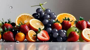 Fresh fruits and vegetables are arranged in a row photo
