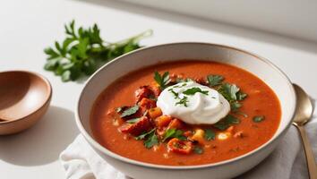 Chicken and corn soup with sour cream photo