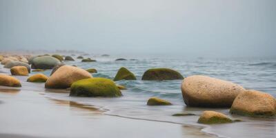 Rocks and water on a foggy beach photo