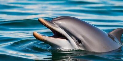 A dolphin is smiling with its mouth open photo