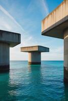 Three concrete pillars in the ocean with blue water photo