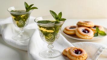 Two glasses of tea with mint leaves and donuts photo
