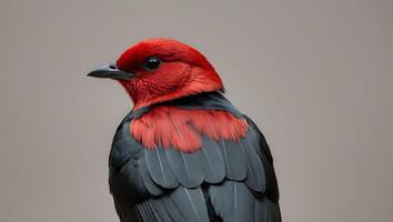 A red and black bird with a black beak photo