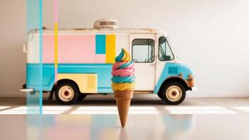 Ice cream truck with colorful cone on white background photo
