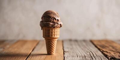 An ice cream cone with chocolate on top photo