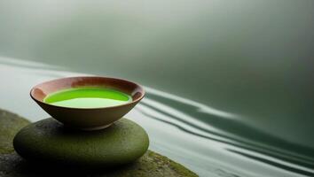 Green tea in a bowl on a rock by the water photo