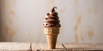 An ice cream cone with chocolate on top photo