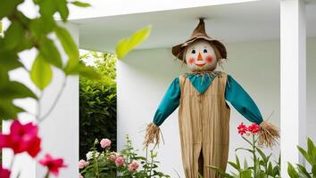 A scarecrow stands in a garden with flowers photo