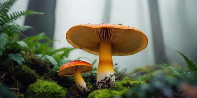 Two red mushrooms in the forest photo