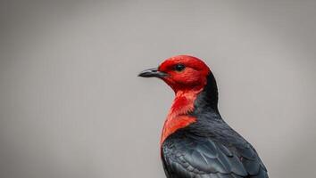 A red and black bird with a gray background photo