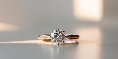 A diamond engagement ring on a white surface photo