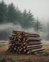 Logs stacked in a forest with fog photo