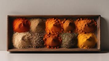 A wooden tray filled with different spices photo
