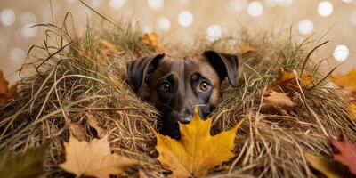 A dog is hiding in the grass with leaves photo