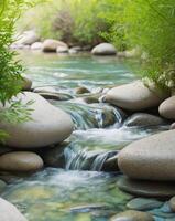 A stream of water flows through a forest of rocks photo