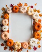 Pumpkins and leaves in a square frame on a white background photo