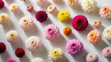 A group of different colored flowers arranged on a white surface photo